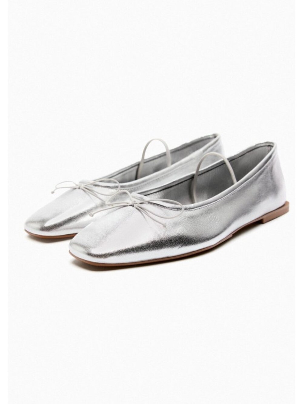 Zara Womens Ribbon Leather Ballerina Flats EU 41 US 10 Silver 2589/110 NWOB